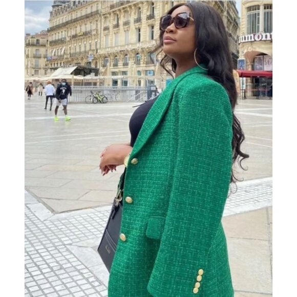 Zara Textured Double Breasted Blazer Coat Jacket Gold Button Green Plaid Large - Picture 5 of 16